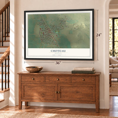 Choteau, Montana map, 24 x 36 inch print in a black frame above a dresser by a staircase