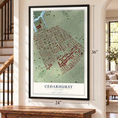 Cedarhurst, New York map, 24 x 36 inch print in a black frame by a staircase