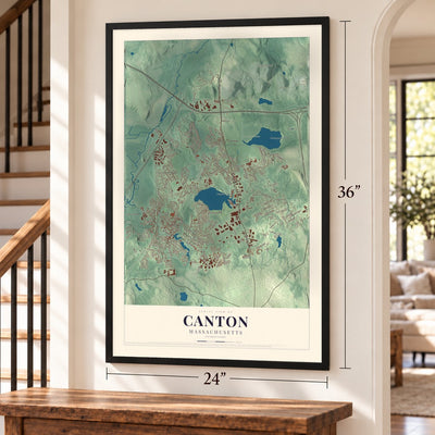Canton, Massachusetts map, 24 x 36 inch print in a black frame by a staircase
