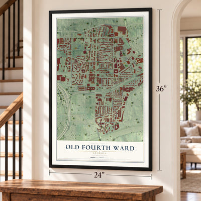 Old Fourth Ward, Georgia map, 24 x 36 inch print in a black frame by a staircase