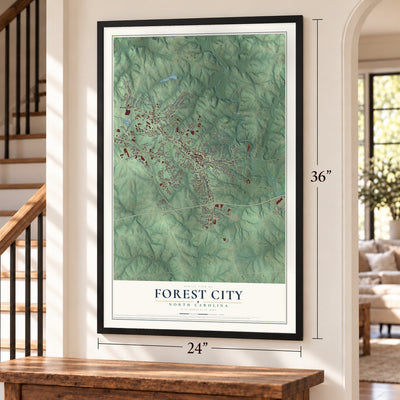 Forest City, North Carolina map, 24 x 36 inch print in a black frame by a staircase