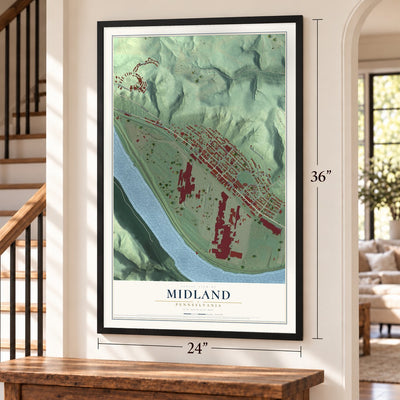Midland, Pennsylvania map, 24 x 36 inch print in a black frame by a staircase