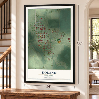 Doland, South Dakota map, 24 x 36 inch print in a black frame by a staircase
