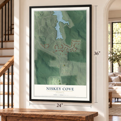 Niskey Cove, Georgia map, 24 x 36 inch print in a black frame by a staircase
