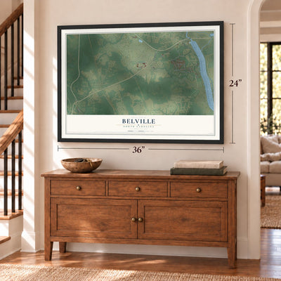 Belville, North Carolina map, 24 x 36 inch print in a black frame above a dresser by a staircase