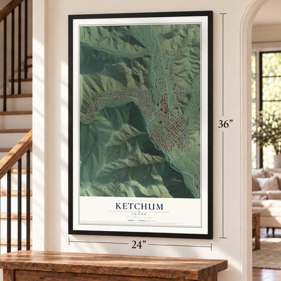 Ketchum, Idaho map, 24 x 36 inch print in a black frame by a staircase