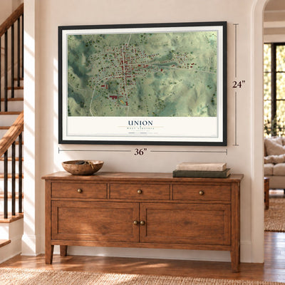 Union, West Virginia map, 24 x 36 inch print in a black frame above a dresser by a staircase