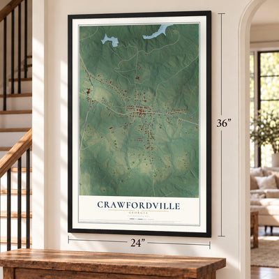 Crawfordville, Georgia map, 24 x 36 inch print in a black frame by a staircase