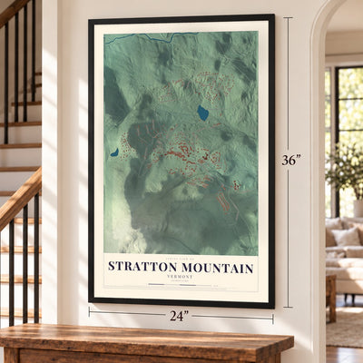 Stratton Mountain, Vermont map, 24 x 36 inch print in a black frame by a staircase