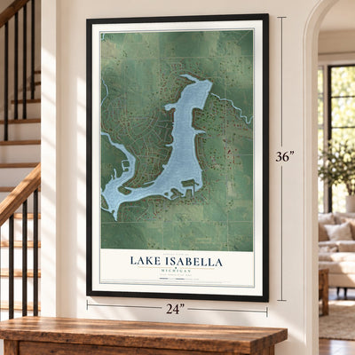 Lake Isabella, Michigan map, 24 x 36 inch print in a black frame by a staircase