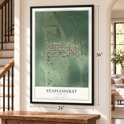 Staplehurst, Nebraska map, 24 x 36 inch print in a black frame by a staircase