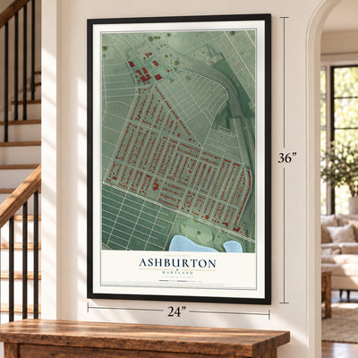 Ashburton, Maryland map, 24 x 36 inch print in a black frame by a staircase