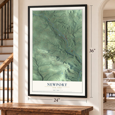 Newport, New York map, 24 x 36 inch print in a black frame by a staircase