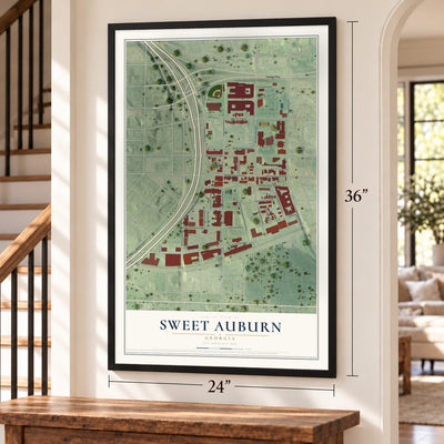 Sweet Auburn, Georgia map, 24 x 36 inch print in a black frame by a staircase