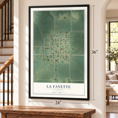 La Fayette, Illinois map, 24 x 36 inch print in a black frame by a staircase