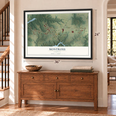 Montross, Virginia map, 24 x 36 inch print in a black frame above a dresser by a staircase