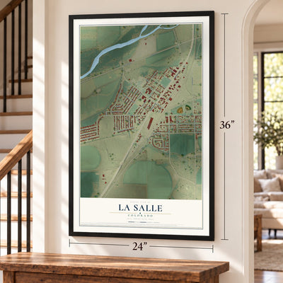 La Salle, Colorado map, 24 x 36 inch print in a black frame by a staircase