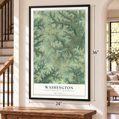 Washington, Sauk County, Wisconsin map, 24 x 36 inch print in a black frame by a staircase