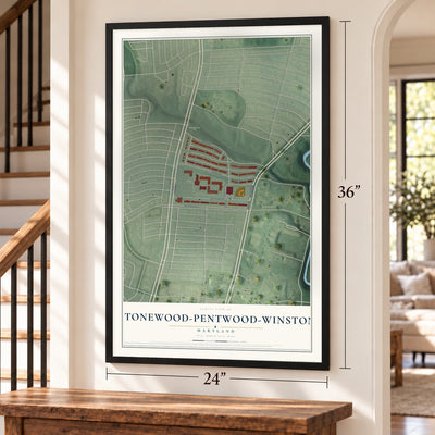 Stonewood-Pentwood-Winston, Maryland map, 24 x 36 inch print in a black frame by a staircase