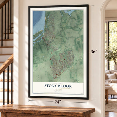 Stony Brook, New York map, 24 x 36 inch print in a black frame by a staircase