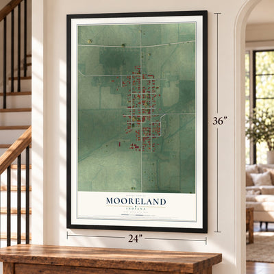 Mooreland, Indiana map, 24 x 36 inch print in a black frame by a staircase