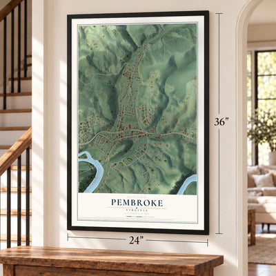 Pembroke, Virginia map, 24 x 36 inch print in a black frame by a staircase
