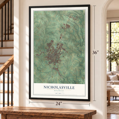 Nicholasville, Kentucky map, 24 x 36 inch print in a black frame by a staircase