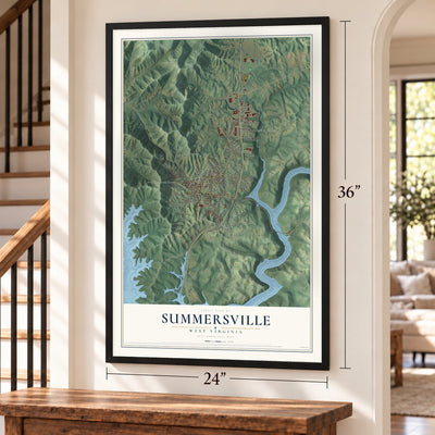 Summersville, West Virginia map, 24 x 36 inch print in a black frame by a staircase