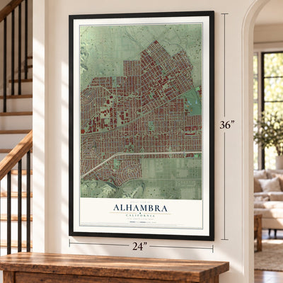 Alhambra, California map, 24 x 36 inch print in a black frame by a staircase