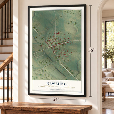 Newburg, Cumberland County, Pennsylvania map, 24 x 36 inch print in a black frame by a staircase