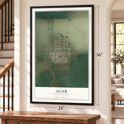Agar, South Dakota map, 24 x 36 inch print in a black frame by a staircase
