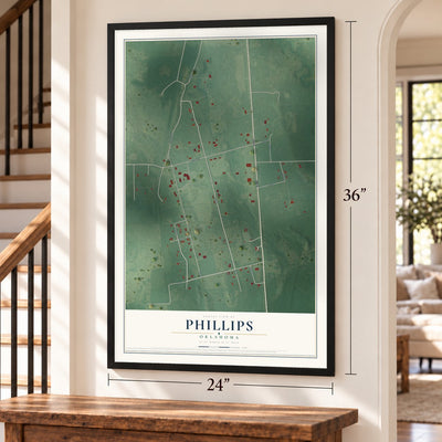 Phillips, Oklahoma map, 24 x 36 inch print in a black frame by a staircase