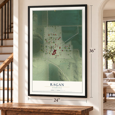 Ragan, Nebraska map, 24 x 36 inch print in a black frame by a staircase