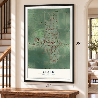 Clark, South Dakota map, 24 x 36 inch print in a black frame by a staircase