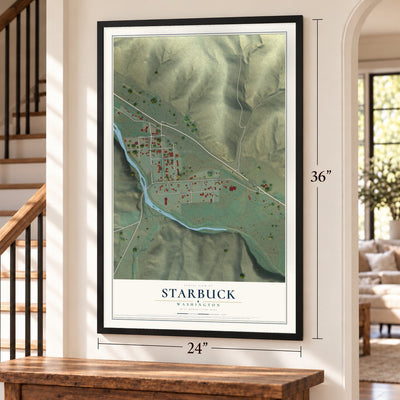 Starbuck, Washington map, 24 x 36 inch print in a black frame by a staircase