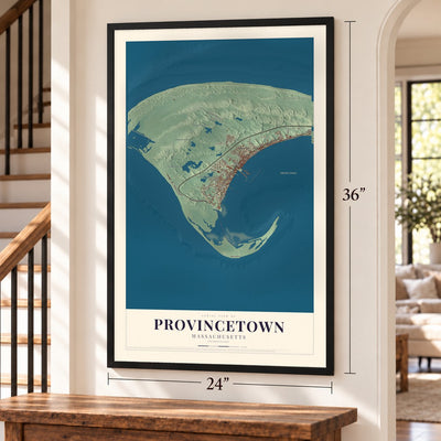 Provincetown, Massachusetts map, 24 x 36 inch print in a black frame by a staircase