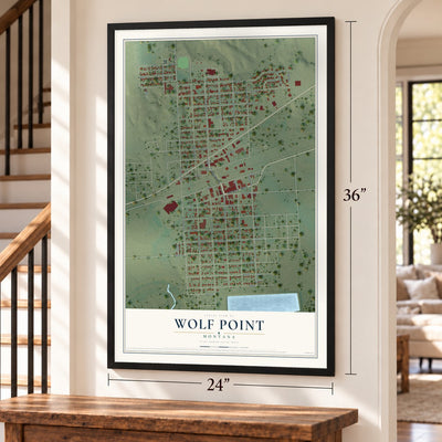 Wolf Point, Montana map, 24 x 36 inch print in a black frame by a staircase