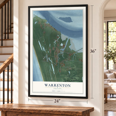 Warrenton, Oregon map, 24 x 36 inch print in a black frame by a staircase