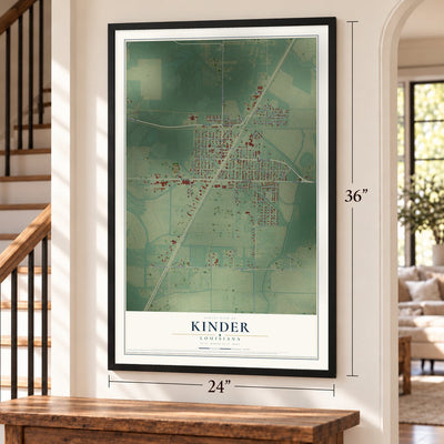 Kinder, Louisiana map, 24 x 36 inch print in a black frame by a staircase