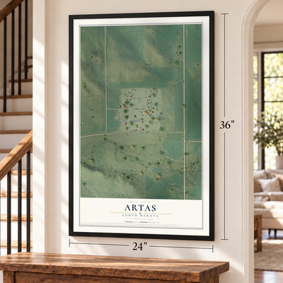 Artas, South Dakota map, 24 x 36 inch print in a black frame by a staircase