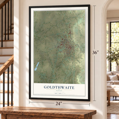 Goldthwaite, Texas map, 24 x 36 inch print in a black frame by a staircase
