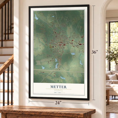 Metter, Georgia map, 24 x 36 inch print in a black frame by a staircase