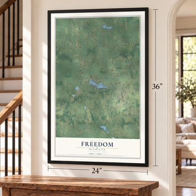 Freedom, Michigan map, 24 x 36 inch print in a black frame by a staircase