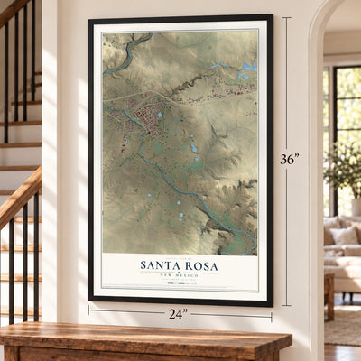 Santa Rosa, New Mexico map, 24 x 36 inch print in a black frame by a staircase