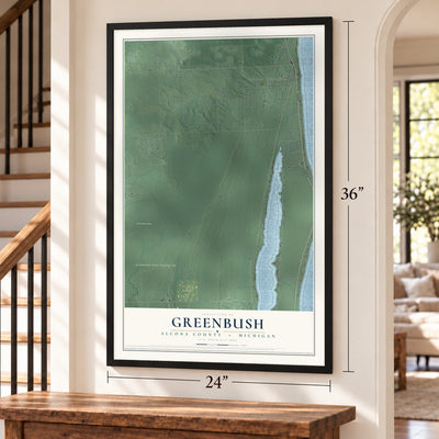 Greenbush, Alcona County, Michigan map, 24 x 36 inch print in a black frame by a staircase