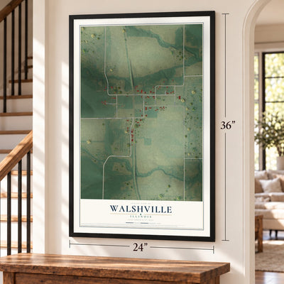 Walshville, Illinois map, 24 x 36 inch print in a black frame by a staircase