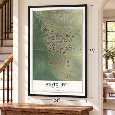 Westcliffe, Colorado map, 24 x 36 inch print in a black frame by a staircase