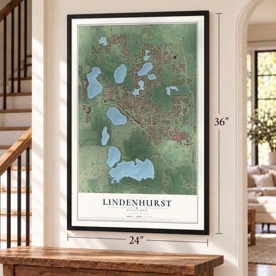 Lindenhurst, Illinois map, 24 x 36 inch print in a black frame by a staircase