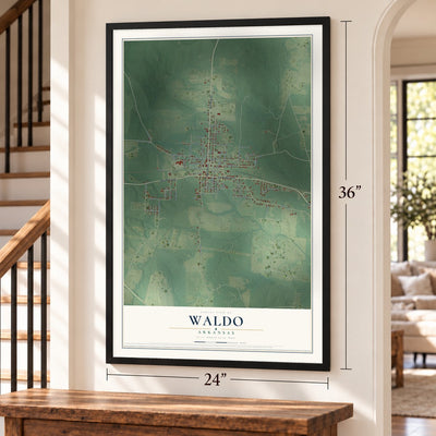 Waldo, Arkansas map, 24 x 36 inch print in a black frame by a staircase