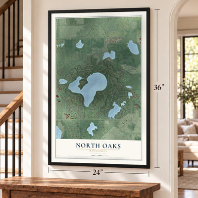 North Oaks, Minnesota map, 24 x 36 inch print in a black frame by a staircase